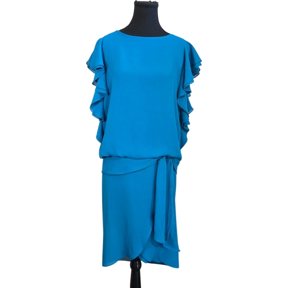 Algo Vintage Elegant Blue Ruffle Sleeve Midi Dress Size L
